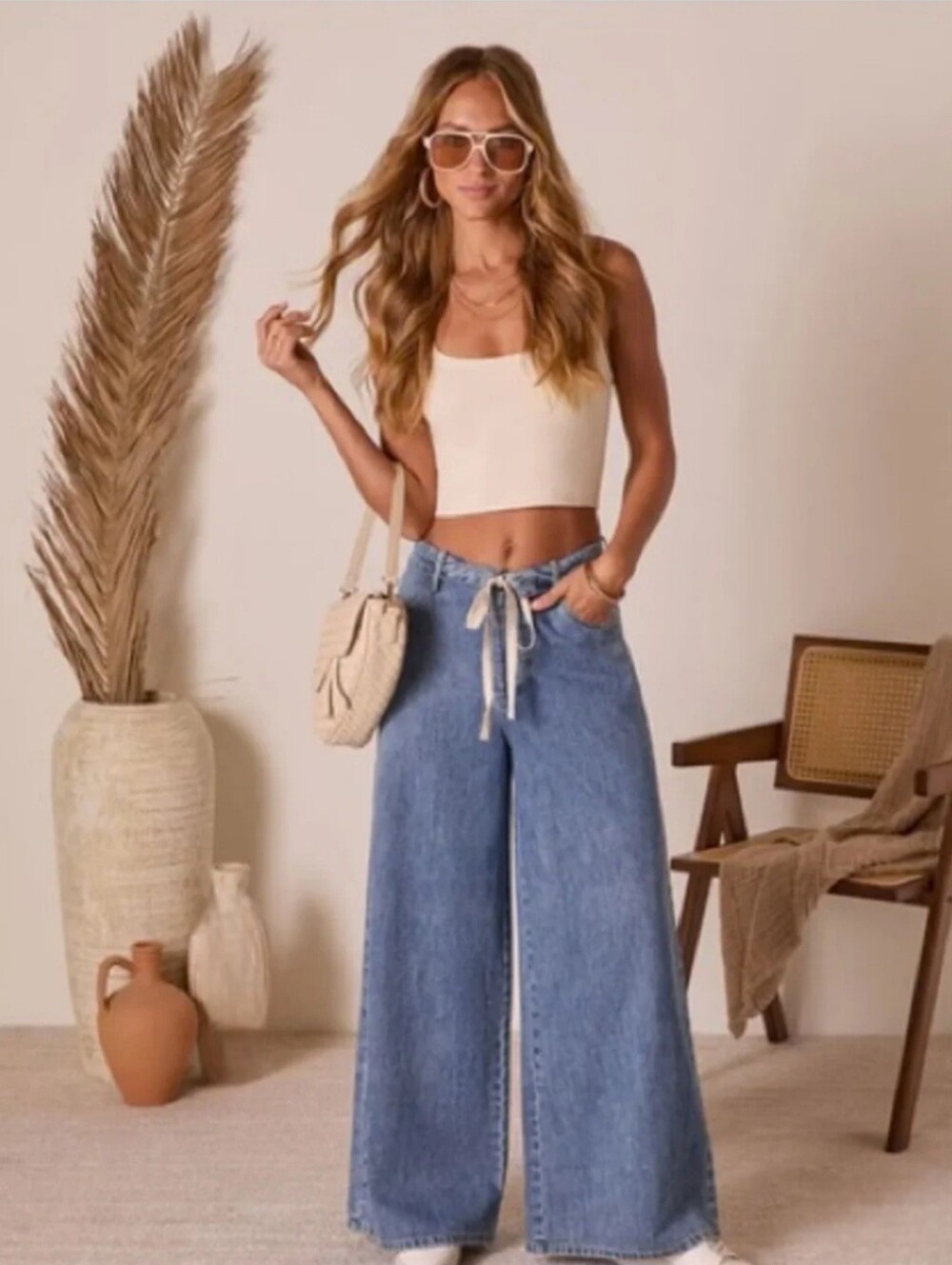 NWOT Vici Solonge Foldover Drawstring Wide Leg Baggy Denim Jeans